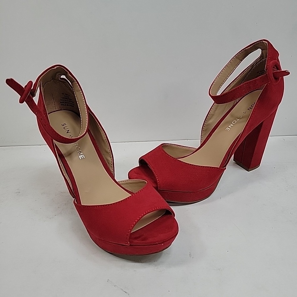 NWOB Sun‎ + Stone Peep Toe Block Heel Platform  Red Sz 6.5M Super Cute Preppy